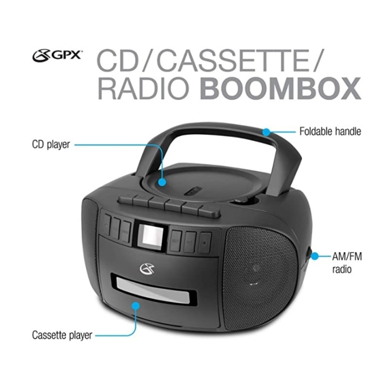 GPX BCA209B Stereo Boombox With CD Player, Cassette Recorder, AM/FM Radio AC/DC