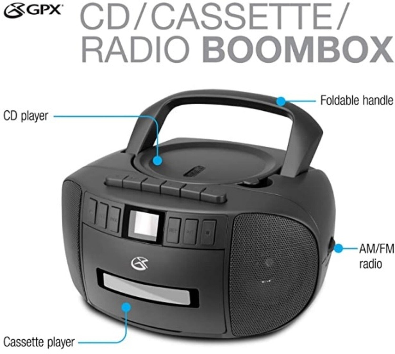 GPX BCA209B Stereo Boombox With CD Player, Cassette Recorder, AM/FM Radio AC/DC