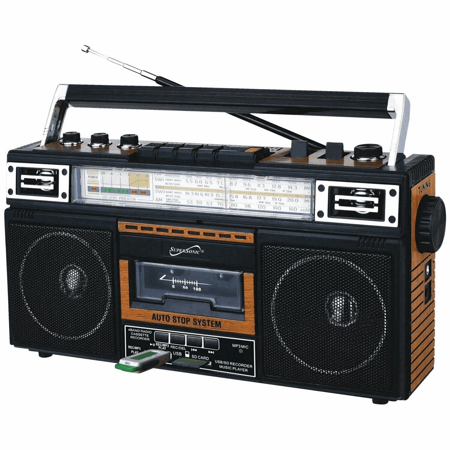 SuperSonic SC-3201TBT Bluetooth Retro 4 Band Radio Cassette USB