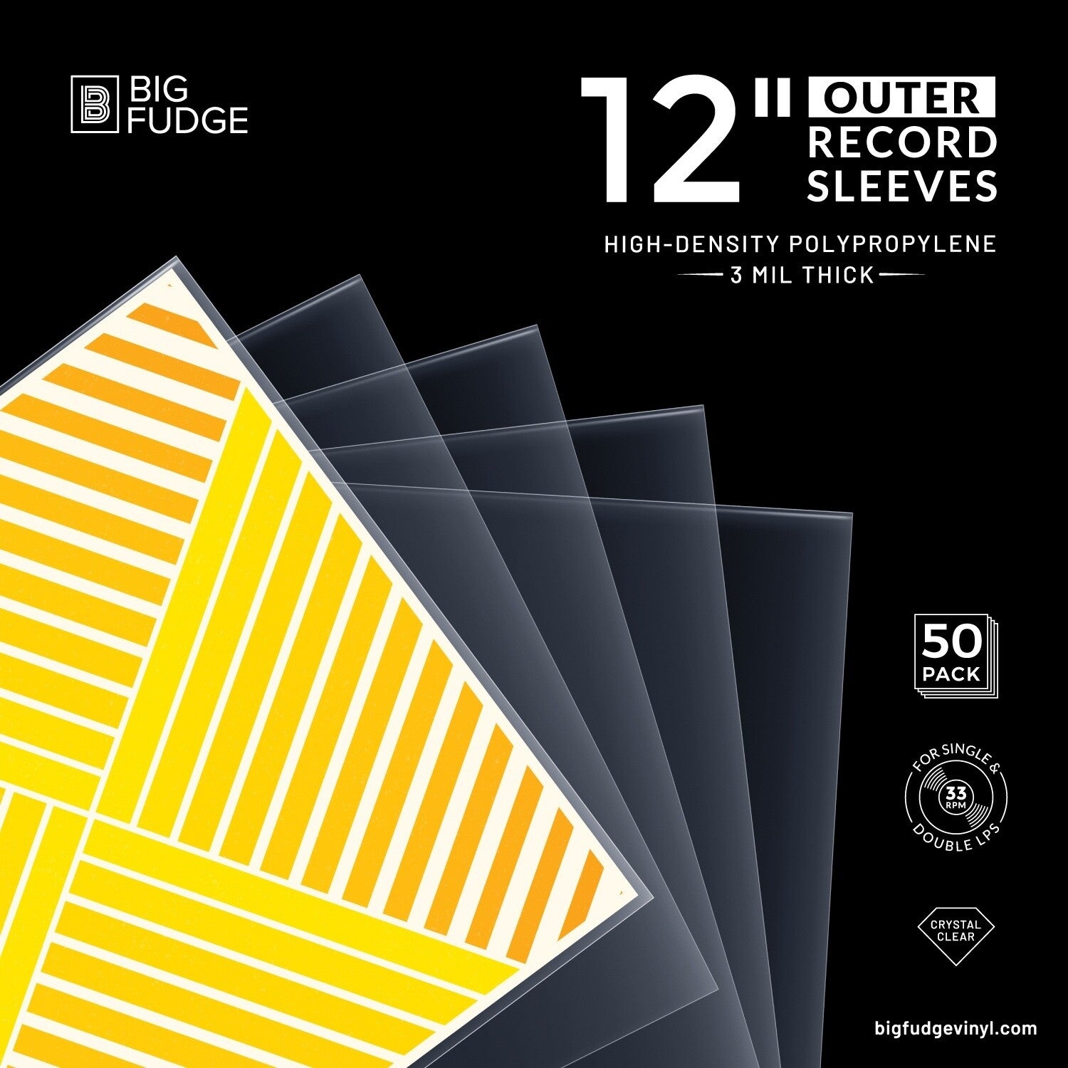 Big Fudge BFOS12X50US 12-inch Vinyl LP Record Outer Sleeves - Polypropylene 50 Pack