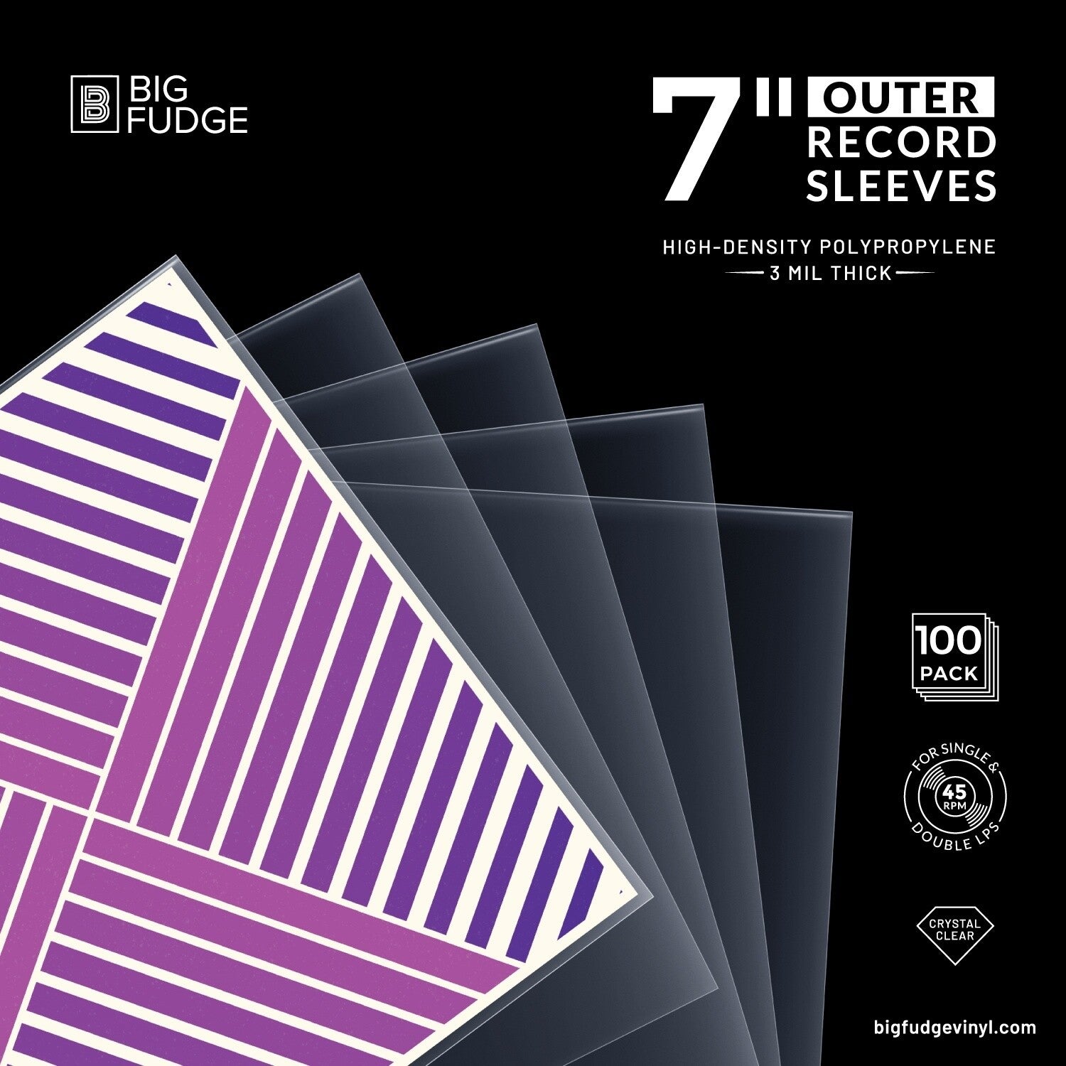 Big Fudge BFOS7x100US 7-inch 45RPM Vinyl Record Outer Sleeves Polypropylene 100 Pack Crystal
