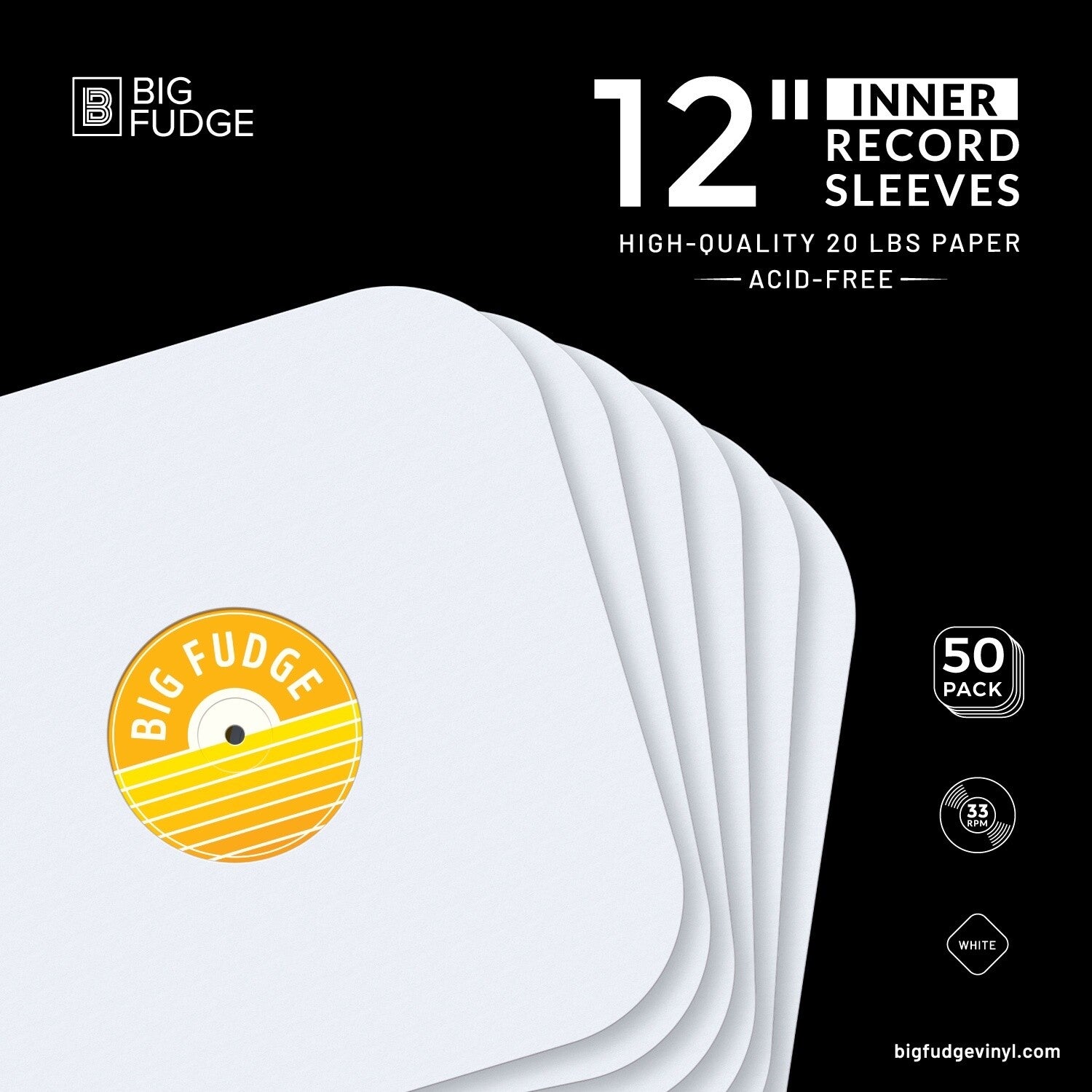 Big Fudge BFIS12x50US 12-inch LP Vinyl Record Round Corner Inner Sleeve 50 Pack