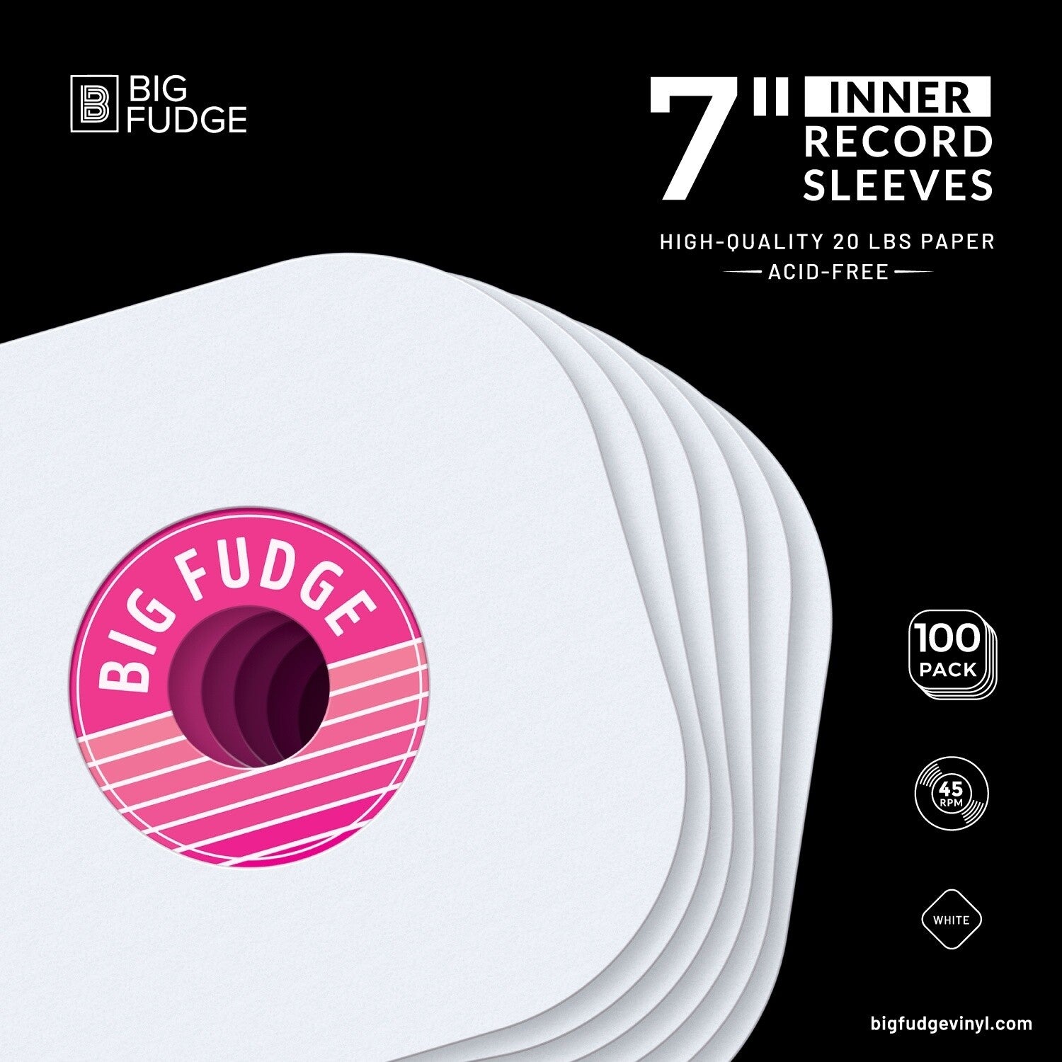 Big Fudge BFIS7x100US 7-inch 45RPM Vinyl Record Round Corner Inner Sleeves 100 Pack