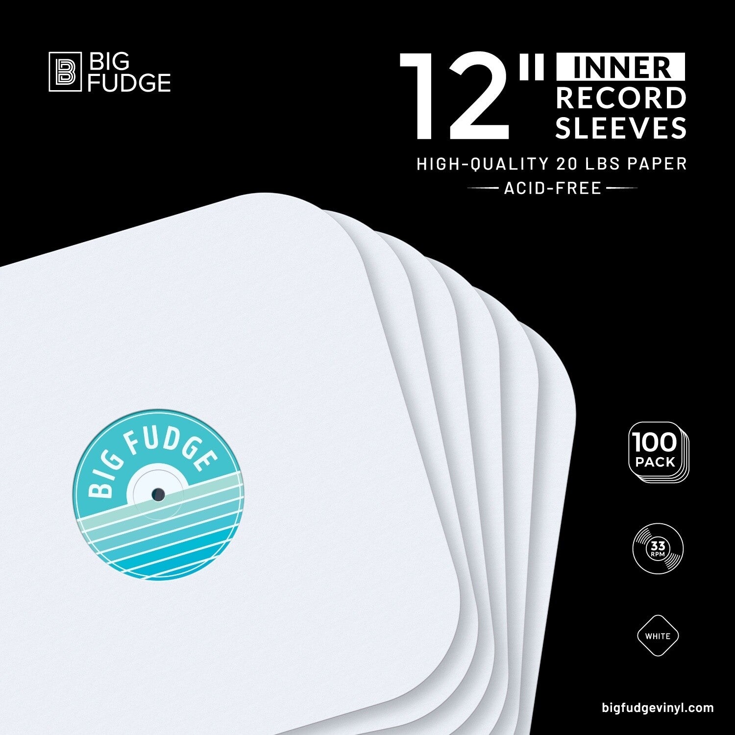 Big Fudge BFIS12x100US 12-inch Vinyl LP Record Round Corner Inner 100 Pack