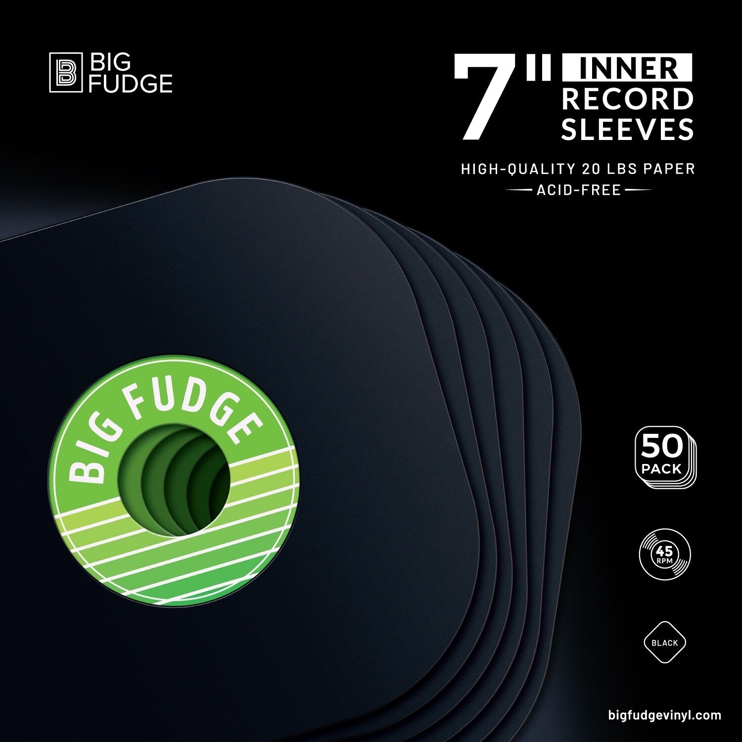 Big Fudge -B7x50US 7-inch 45RPM Vinyl Record Round Corner Inner Sleeves Acid Free Heavy Duty 7.125x7.125 50 Pack Matte