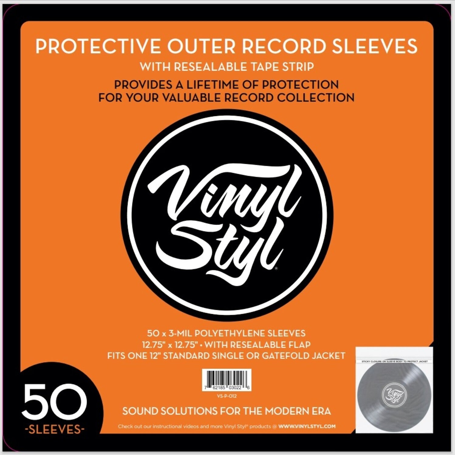 Vinyl Styl®VS-P-012 12 Inch Outer Record Sleeves - Resealable Flap - 50 Count