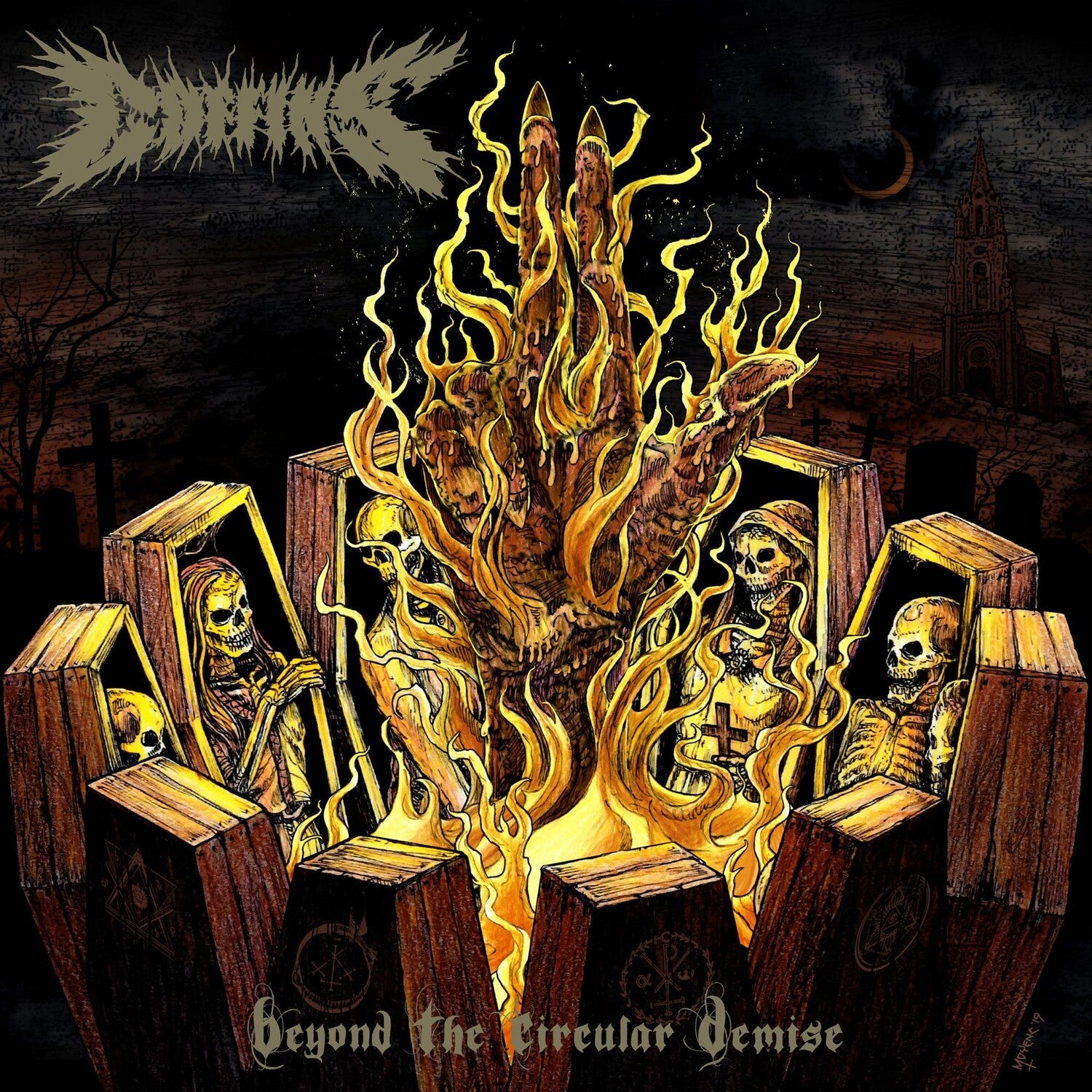 Coffins - Beyond The Circular Demise - Limited Black Ice with Mustard Yellow, Halloween Orange & Oxblood Splatter Colored Vinyl (Limited Edition)