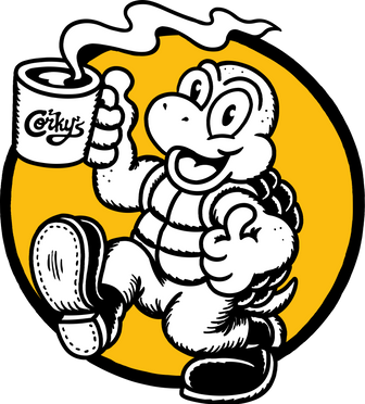 Corky the Turtle mascot holding a Corkys Coffee mug on a yellow background