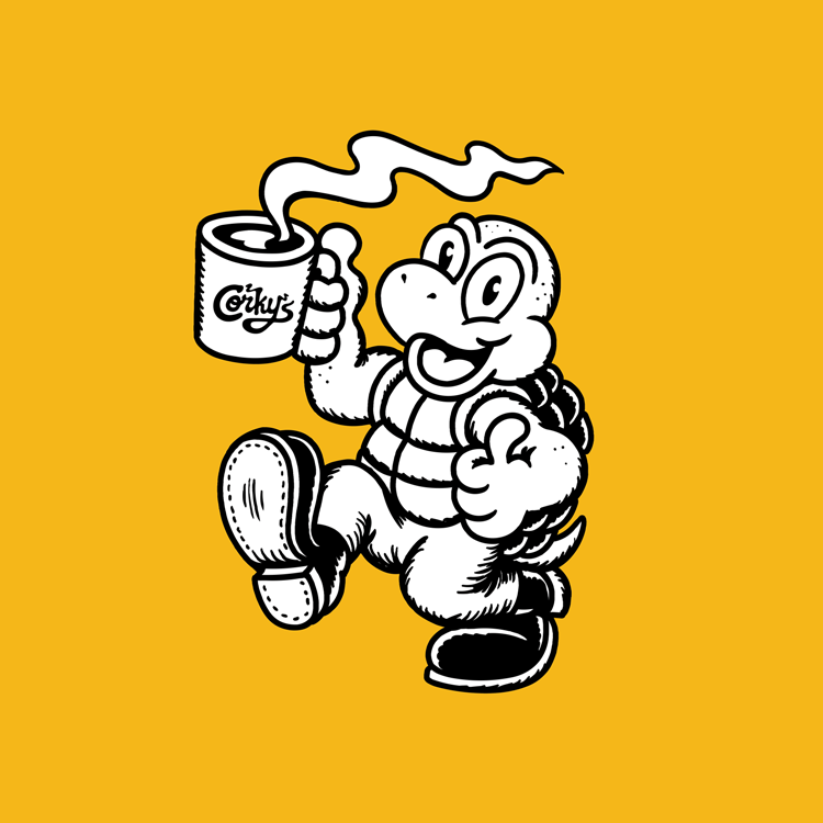 Corky the cartoon character holding a coffee cup with 'Corkys' branding on a gold background
