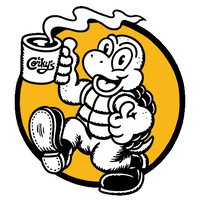 Corky the cartoon character holding a coffee cup with 'Corkys' branding on a transparent background