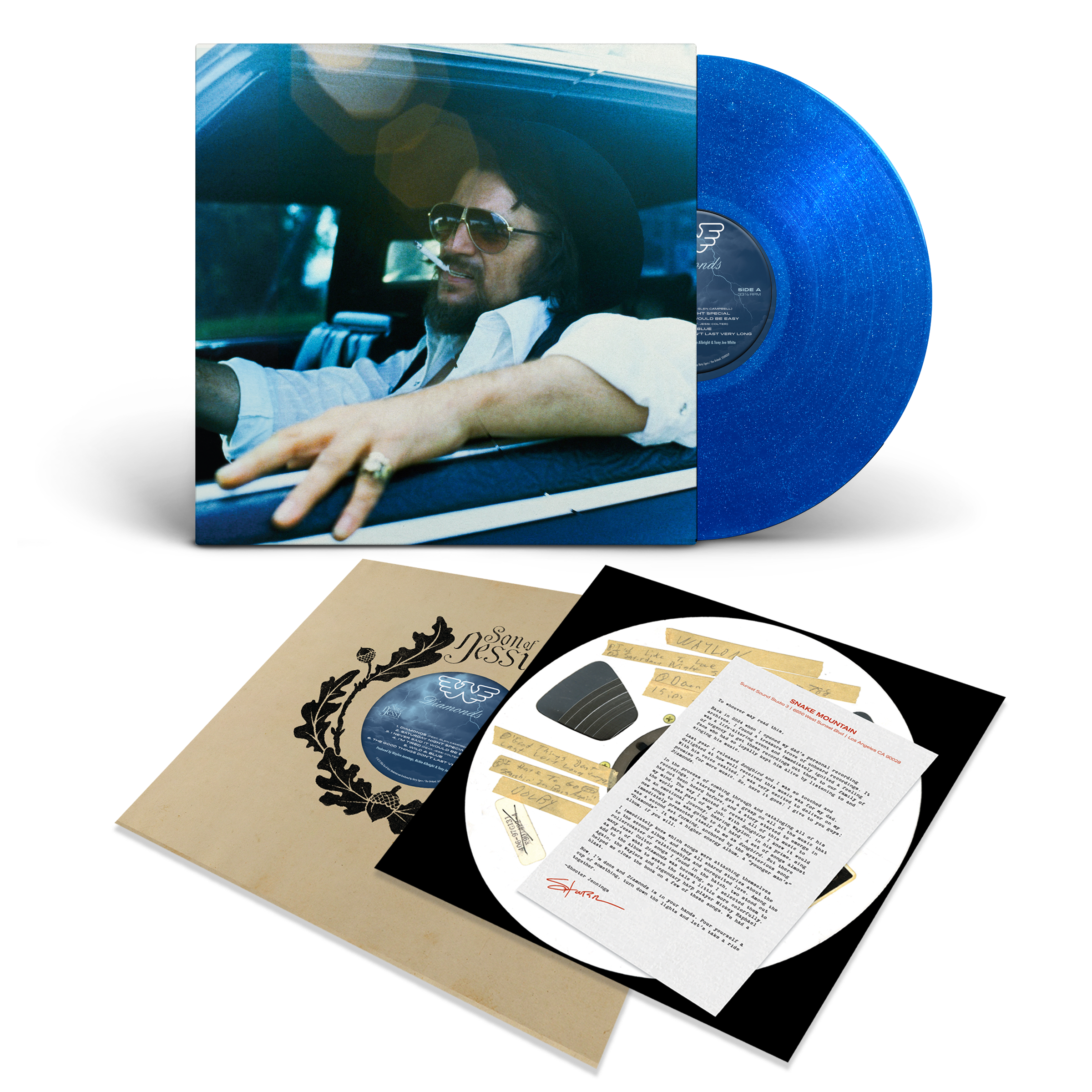Waylon Jennings Diamonds vinyl LP package: jacket, Corkys Exclusive Diamond Burst record, inner sleeve and insert