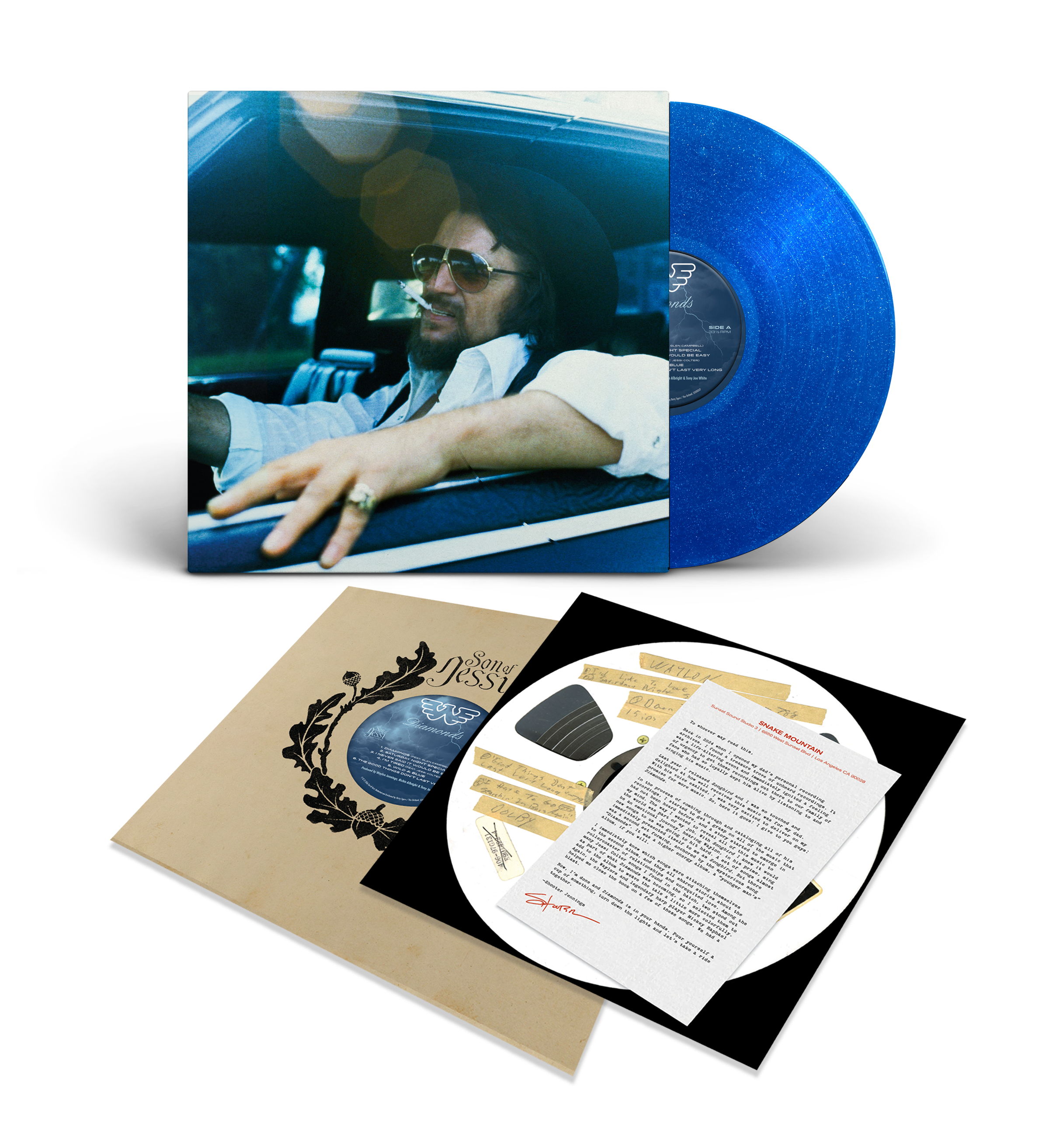 Waylon Jennings Diamonds vinyl LP package: jacket, Corkys Exclusive Diamond Burst record, inner sleeve and insert