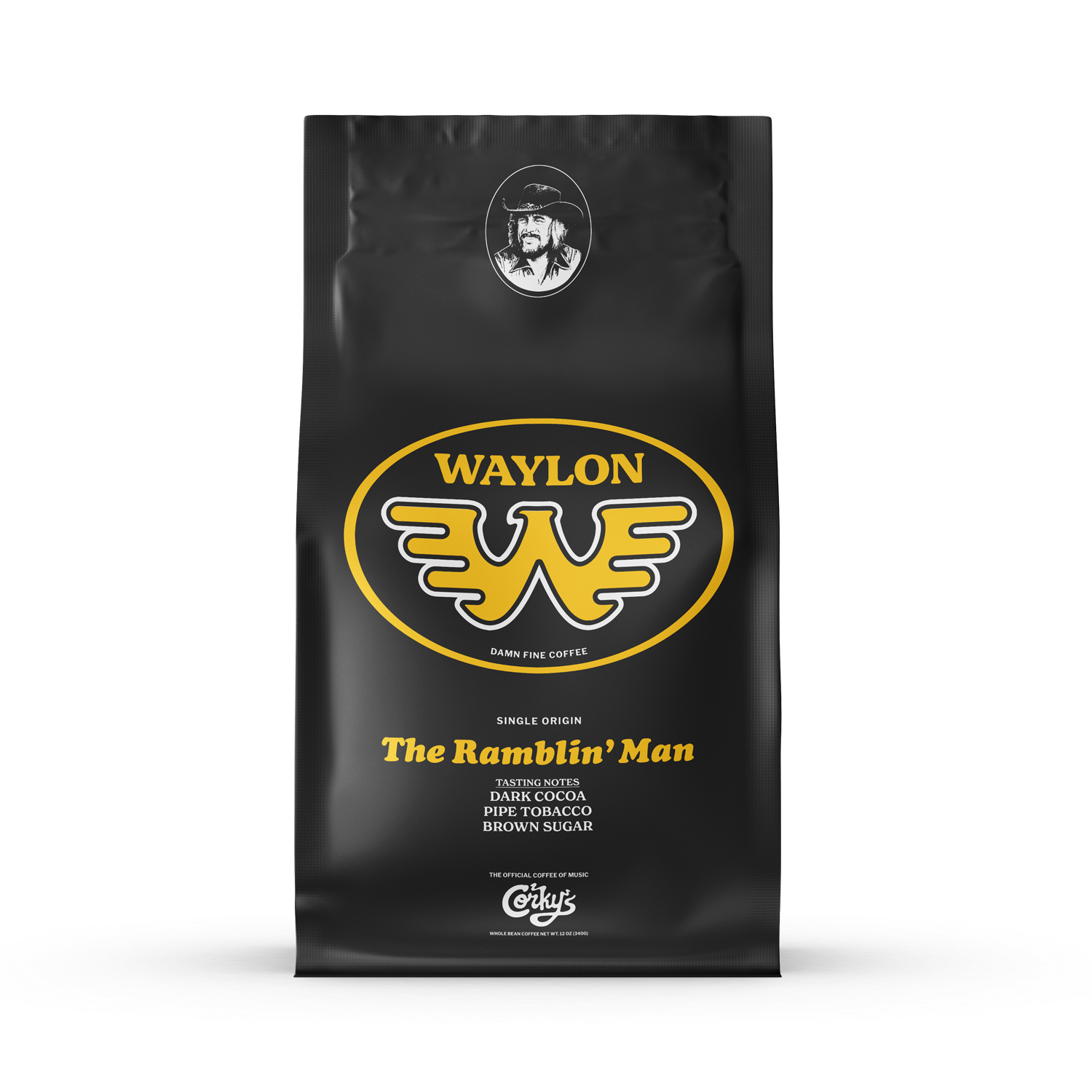 The Ramblin' Man Coffee 12 oz bag, Corkys x Waylon Jennings single origin Sumatra: dark cocoa, pipe tobacco, brown sugar