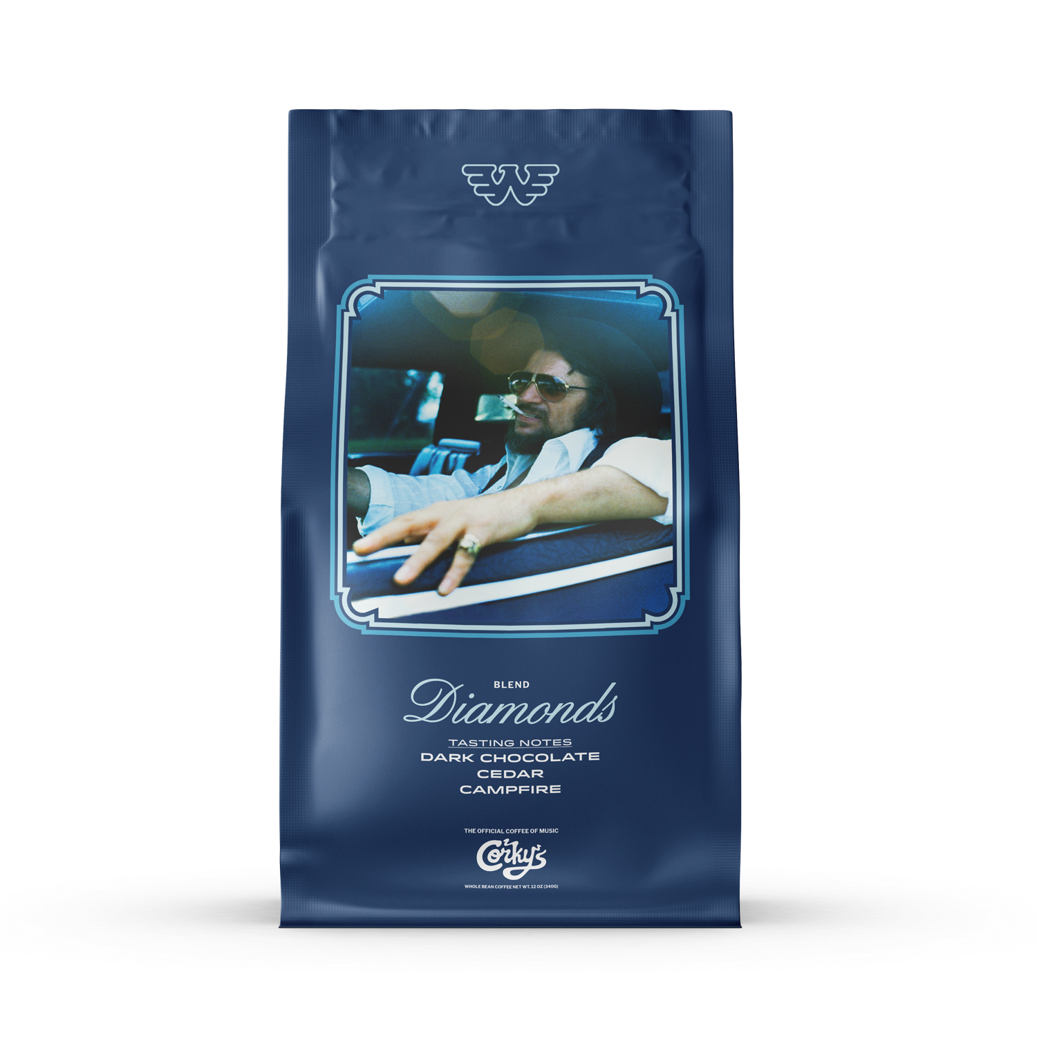 Diamonds Coffee 12 oz bag, Corkys x Waylon Jennings blend: dark chocolate, cedar, campfire