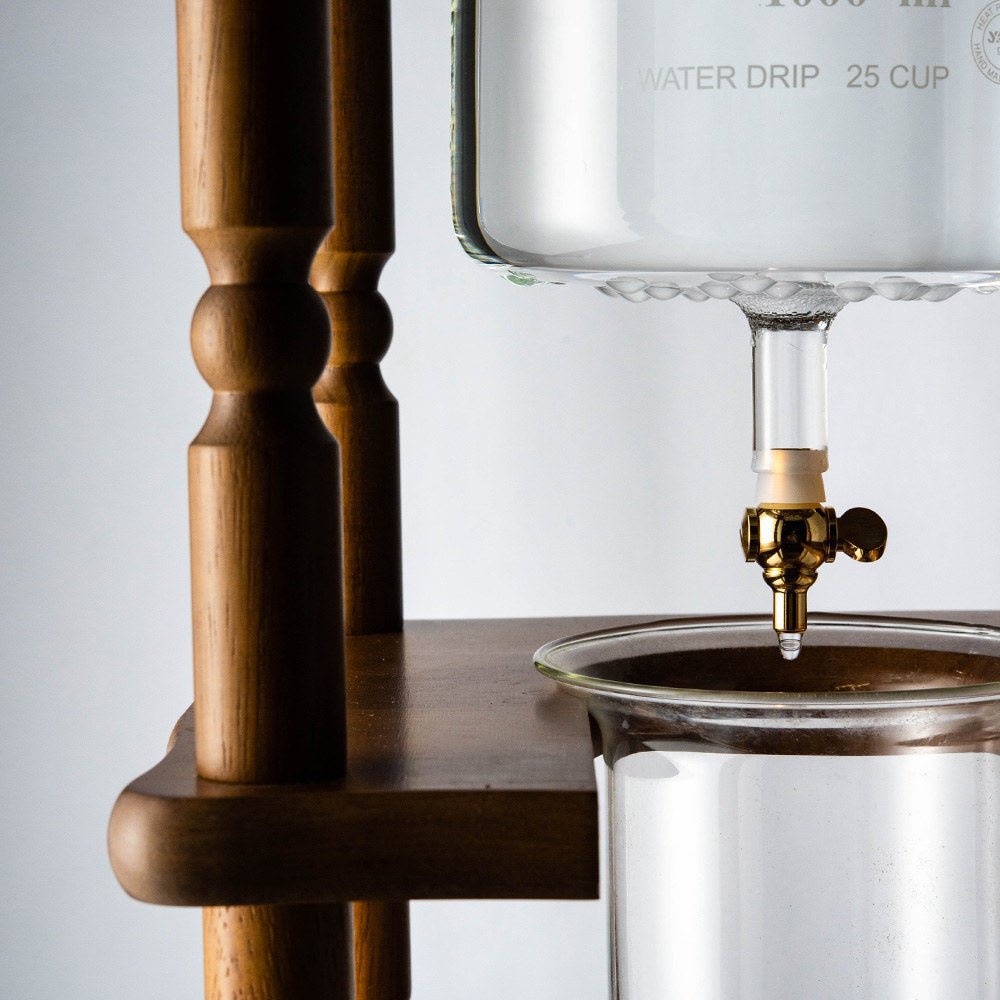 Yama Glass Cold Brew Tower – Curved Brown Wood Frame – 25 Cup (100 oz) - Corkys Coffee