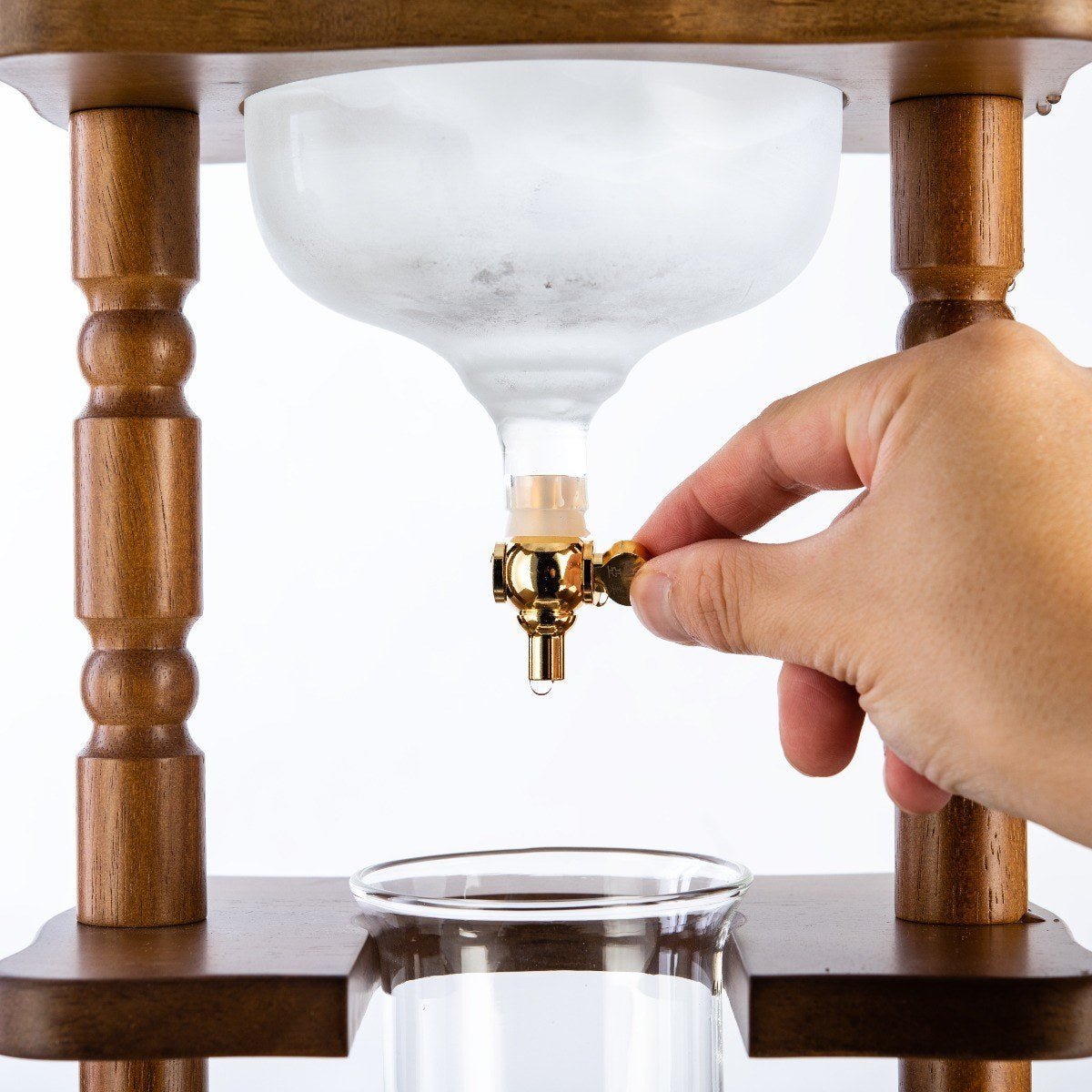 Yama Glass Cold Brew Tower – Curved Brown Wood Frame – 6–8 Cup (32 oz) - Corkys Coffee