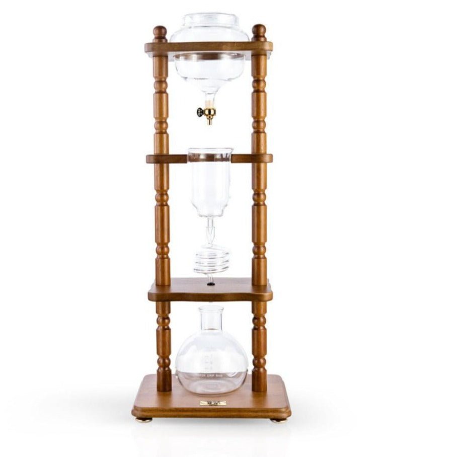 Yama Glass Cold Brew Tower – Curved Brown Wood Frame – 6–8 Cup (32 oz) - Corkys Coffee