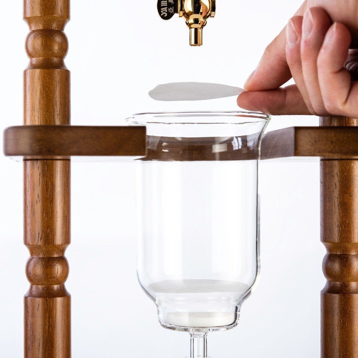 Yama Glass Cold Brew Tower – Curved Brown Wood Frame – 6–8 Cup (32 oz) - Corkys Coffee