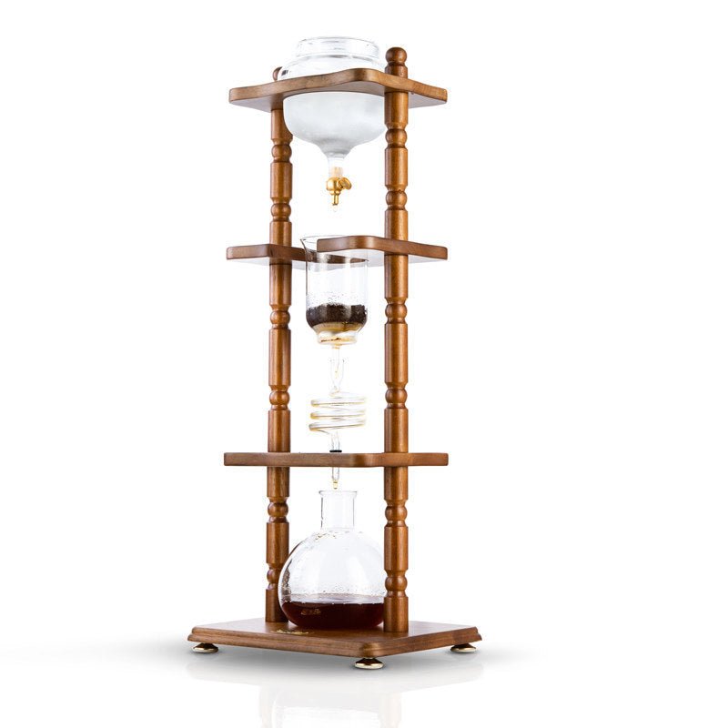 Yama Glass Cold Brew Tower – Curved Brown Wood Frame – 6–8 Cup (32 oz) - Corkys Coffee
