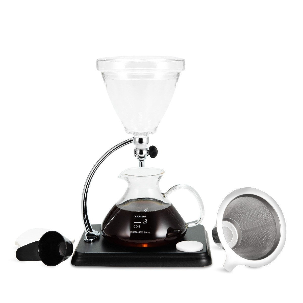 Yama Glass Silverton Brewer w/ Black Base & Silver Accents - Corkys Coffee