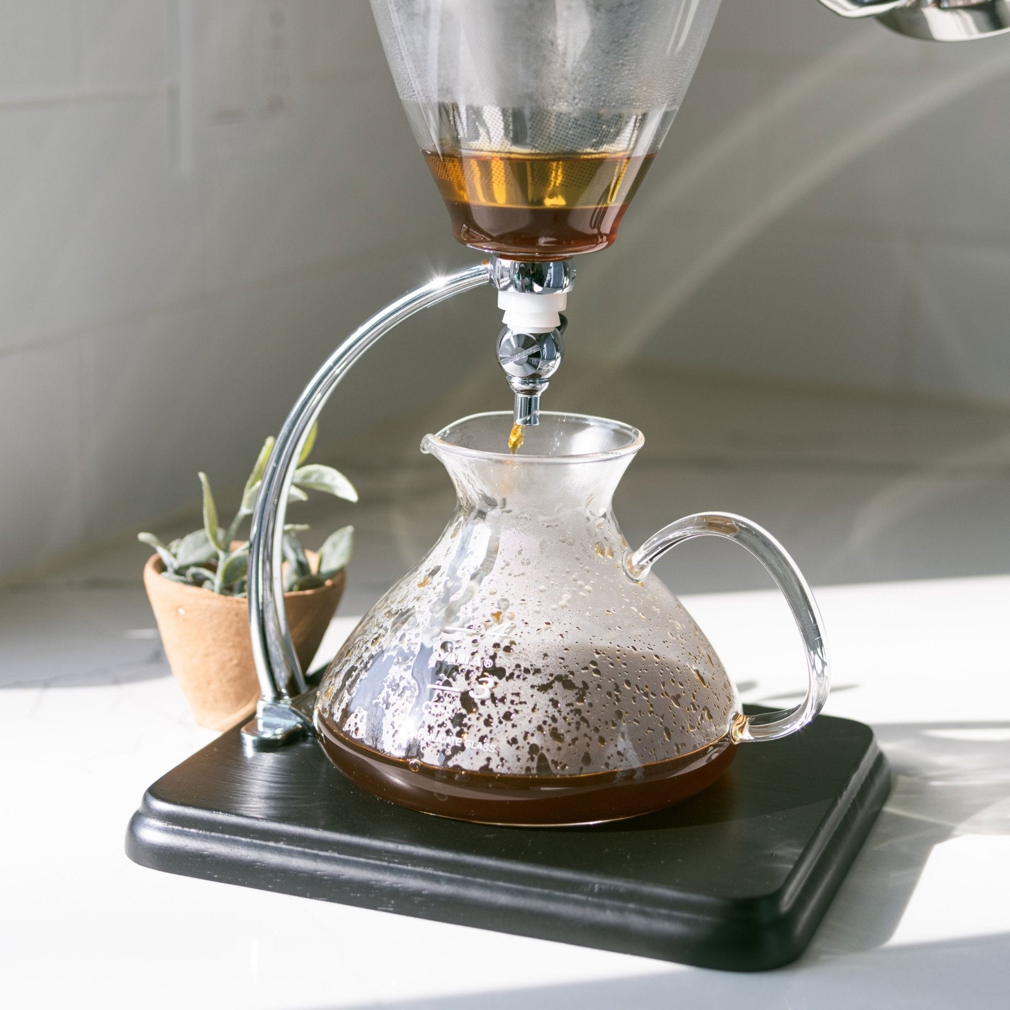 Yama Glass Silverton Brewer w/ Black Base & Silver Accents - Corkys Coffee