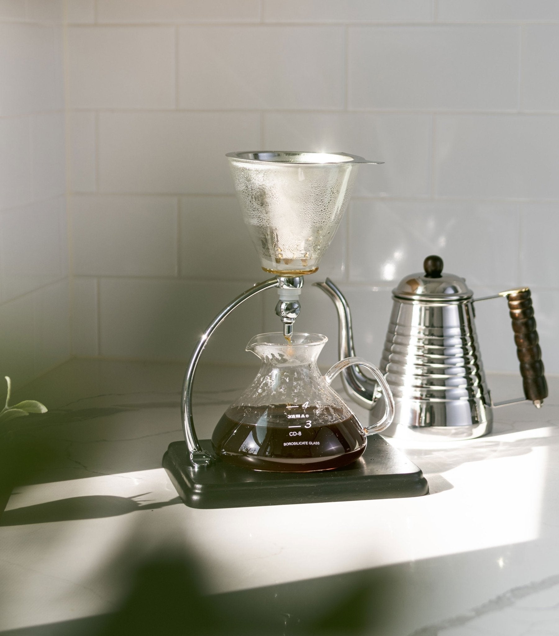Yama Glass Silverton Brewer w/ Black Base & Silver Accents - Corkys Coffee
