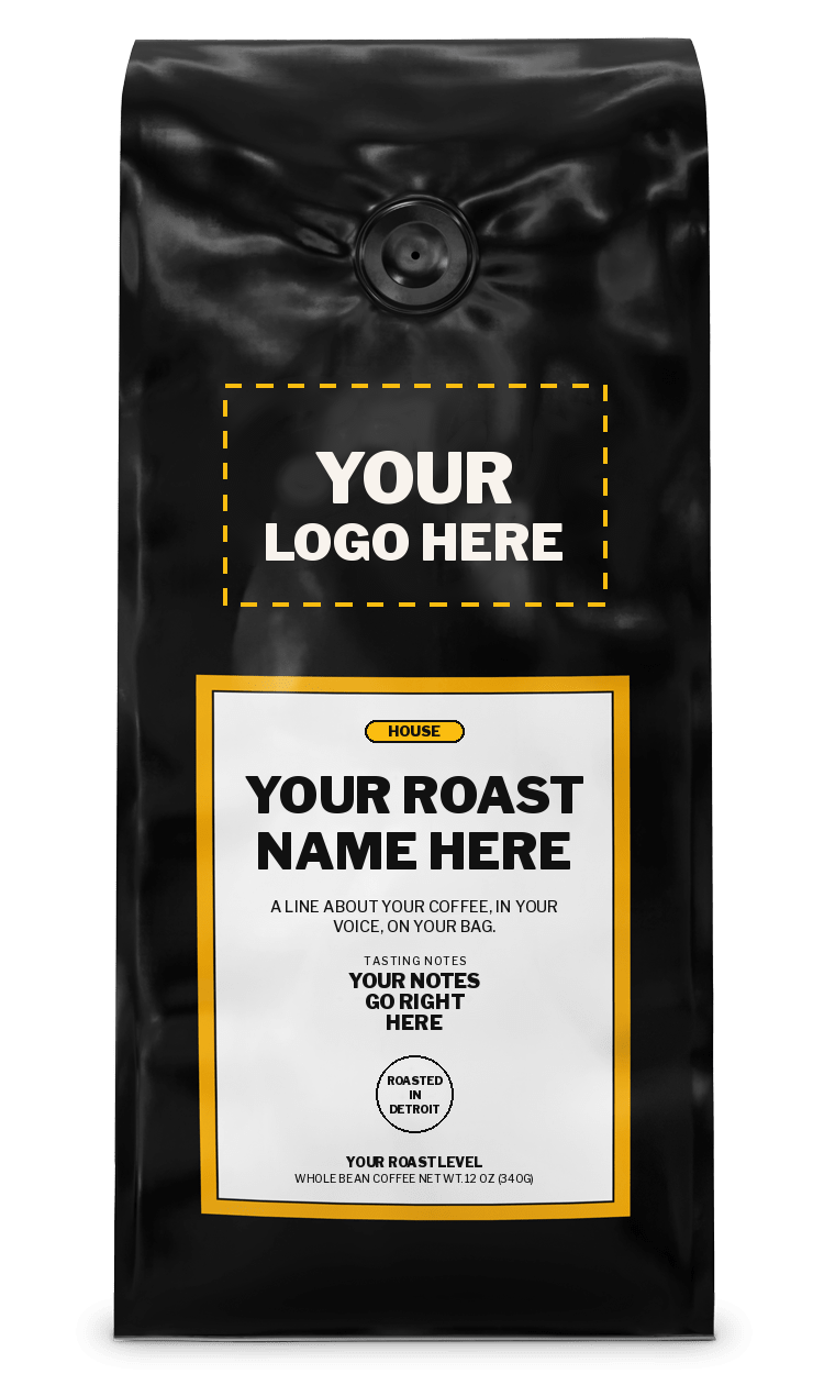 Sample white label coffee bag roasted by Corky's Coffee with space for your logo, roast name and tasting notes